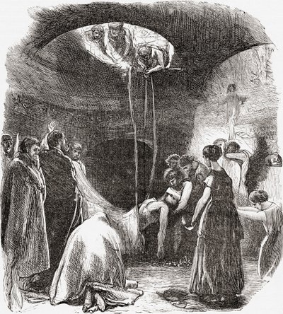 イタリア、ローマのカタコンベにある初期キリスト教の埋葬。1890年頃に出版されたサミュエル・マニング師によるイタリアの写真より。 作： Reverend Samuel Manning