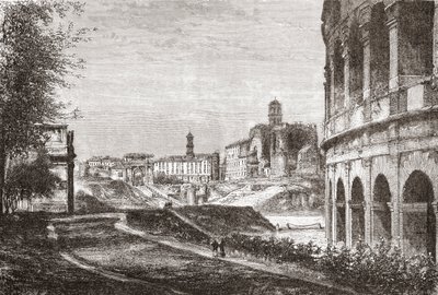 19世紀後半のイタリア、ローマ、セリアの丘からフォーラムへのアプローチ。1890年頃に出版されたサミュエル・マニング師によるイタリアの写真より。 作： Reverend Samuel Manning