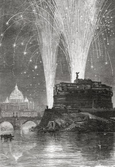 19世紀後半のイタリア、ローマ、サンタンジェロ城の聖ペテロのイルミネーションと花火大会。1890年頃に出版されたサミュエル・マニング師によるイタリアの写真より。 作： Reverend Samuel Manning