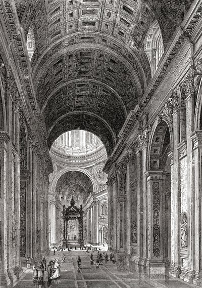 19世紀後半のイタリア、ローマ、バチカン市国のサン・ピエトロ大聖堂内部。1890年頃に出版されたサミュエル・マニング師によるイタリアの写真より。 作： Reverend Samuel Manning