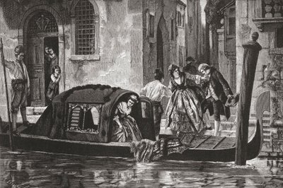 19世紀後半のイタリア、ヴェネツィア、大運河でゴンドラから降りる乗客たち。1890年頃に出版されたサミュエル・マニング師によるイタリアの写真より。 作： Reverend Samuel Manning