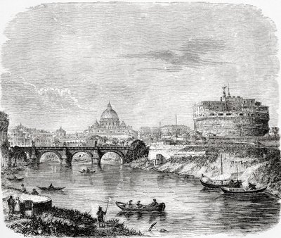 橋とサンタンジェロ城と聖ペテルス、19世紀後半のイタリア、ローマ。1890年頃に出版されたサミュエル・マニング師によるイタリアの写真より。 作： Reverend Samuel Manning