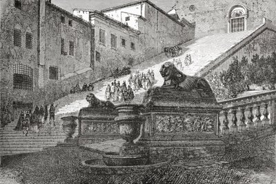 天の祭壇の聖マリア大聖堂に続く階段、19世紀後半のイタリア、ローマ。1890年頃に出版されたサミュエル・マニング師によるイタリアの写真より。 作： Reverend Samuel Manning