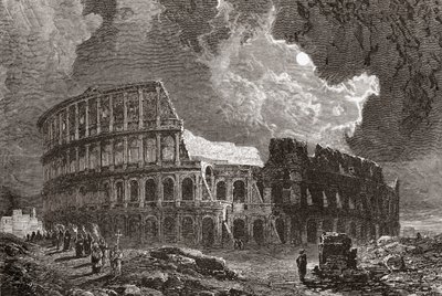 19世紀後半、月明かりに照らされたイタリア、ローマのコロッセオ。1890年頃に出版されたサミュエル・マニング師によるイタリアの写真より。 作： Reverend Samuel Manning