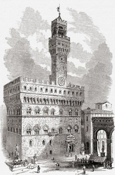 19世紀後半のイタリア、トスカーナ州フィレンツェ、ヴェッキオ宮殿。1890年頃に出版されたサミュエル・マニング師によるイタリアの写真より。 作： Reverend Samuel Manning