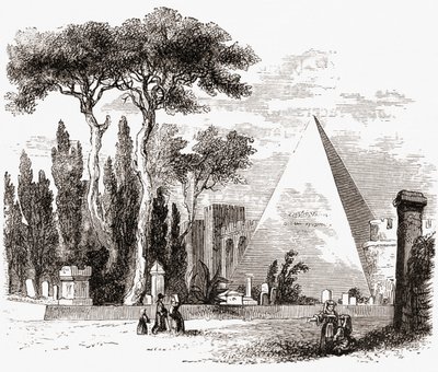 19世紀後半のイタリア、ローマ、プロテスタント墓地とセスティウスのピラミッド。1890年頃に出版されたサミュエル・マニング師によるイタリアの写真より。 作： Reverend Samuel Manning