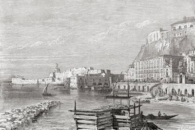 19世紀後半のイタリア、ナポリ、サンタ・ルチアの波止場。1890年頃に出版されたサミュエル・マニング師によるイタリアの写真より。 作： Reverend Samuel Manning