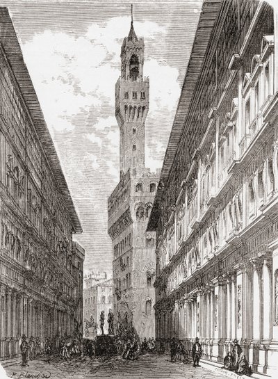 19世紀後半のイタリア、フィレンツェのウフィツィ美術館、ヴェッキオ宮殿、シニョーリア広場の彫像。1890年頃に出版されたサミュエル・マニング師によるイタリアの写真より。 作： Reverend Samuel Manning