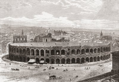 19世紀後半のイタリア、ヴェローナのアレーナ、ブラ広場。1890年頃に出版されたサミュエル・マニング師によるイタリアの写真より。 作： Reverend Samuel Manning