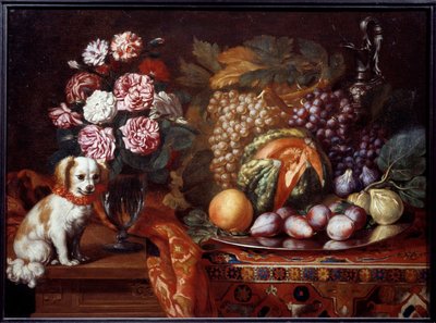 ドワーフ・スパニエルのある静物。 ルノー・ルヴューによる絵画は、レイノー・ルヴュー（c.1625-1690）と言った 作： Reynaud Levieux