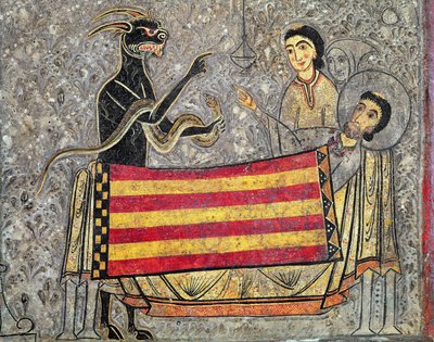 ツアーの聖マーティンの死、チアの聖マーティン教会の正面からの詳細、1150-1200（パネル上のテンペラ）（498163の詳細） 作： Ribagorça Workshop Johannes Pintor