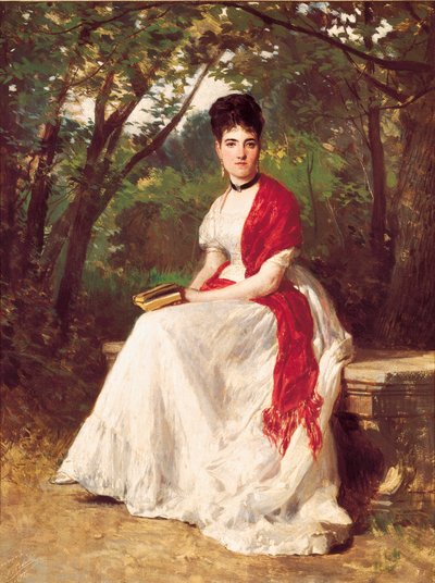 庭に座っている画家の妻、テレサ・ベルガラの肖像。リカルド・バラカ・イ・オレハス＝カンセコ（1844-1880）の絵画。1875.マドリード。ラザロ・ガルディアーノ財団。 作： Ricardo Balaca y Canseco