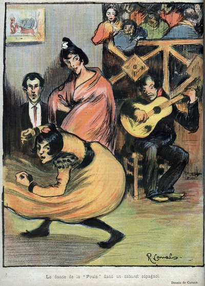 スペインのキャバレーでの雌鳥の踊り - 1898年の「Le Rire」に掲載されたR.Canalsの絵-。 作： Ricardo Canals y Llambi