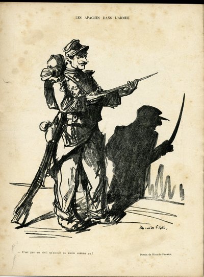 リカルド・フローレス（1878-1918）によるイラスト（Le Lire, 22/01/10） - 軍隊の中のアパッチ - 近接するアパッチ - 影と光 作： Ricardo Flores
