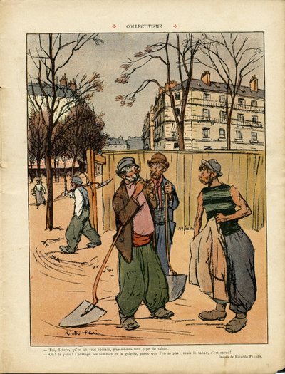 Ricardo Flores (1878-1918)によるイラスト（Le Rire, 06/02/09） - 集団主義 - 社会, 都市建築, 木, 建物, 集団主義 - 労働者 労働者, テラッシェ 作： Ricardo Flores