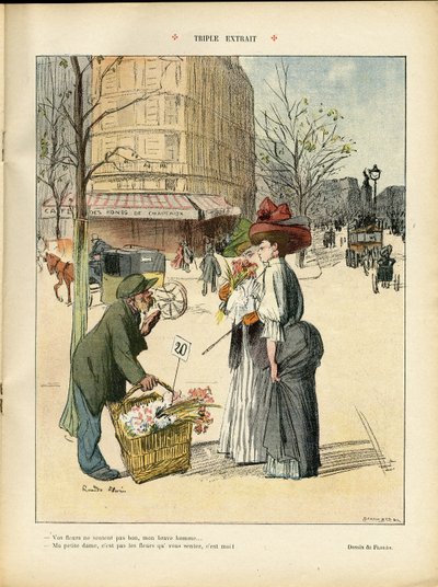 Ricardo Flores (1878-1918)によるイラスト（Le Rire, 25/04/08） - 三重県抜粋 - 建築 都市計画, ファッション, 帽子, 交通, 花, 店舗 作： Ricardo Flores