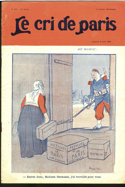 Le Cri de Parisの表紙のためのRicardo Flores (1878-1918)のイラスト、09/07/11 - "Enter so dear madam, I have worked for you.".- ドイツプロイセン、モロッコ、マグレブ、ゲルマニア 作： Ricardo Flores