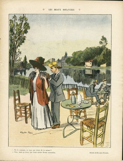Ricardo Flores (1878-1918) のイラスト、Le Rire, 04/07/08 - 美しい日曜日 - レジャー、自然、植生、建築、都市、レストラン、カフェ、海事、海辺 作： Ricardo Flores