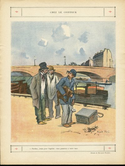 Le Rire』誌のリカルド・フローレス（1878-1918）のイラスト（05/10/12） - Chez le coiffeur - Paris, Metiers, Architecture Urbanisme, Pont, Riviere Fleuve - Dog, Hairdresser 作： Ricardo Flores