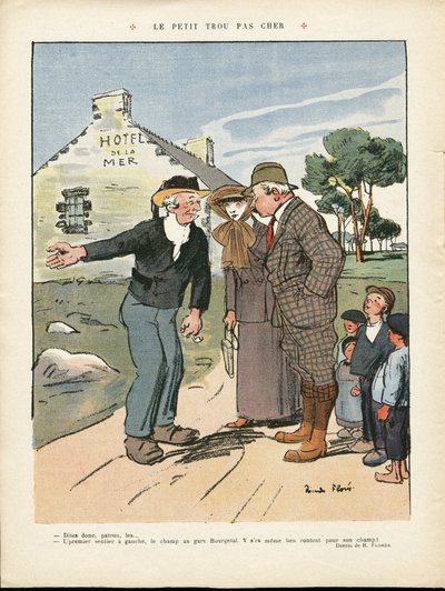 20/07/12付Le Rire紙に掲載されたリカルド・フローレス（1878-1918）のイラスト - 安っぽい小さな穴 - 田舎, ファッション, 海上, 海辺, メンズファッション, 観光客, ホテル 作： Ricardo Flores