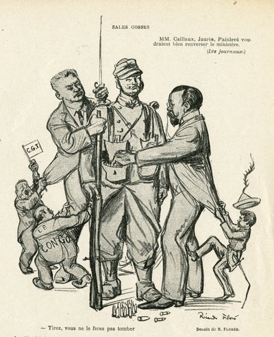 リカルド・フローレス（1878-1918）のイラスト（Le Rire, 21/06/13） - Sales kidses - Army, Military Service, Socialism - Jaures Jean, Caillaux Joseph (1863-1944), Painleve Paul (1863-1933) 作： Ricardo Flores