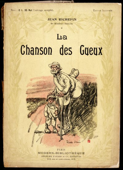 旅行用の結び目と靴を履き、ボロ布をまとった老人と少年が道を歩いている。フランスの詩人ジャン・リシュパン（1849-1926）のテキスト・詩集「La chanson des gueux」の表紙のためにリカルド・フローレス（1918年没）が描いたイラスト。 作： Ricardo Flores