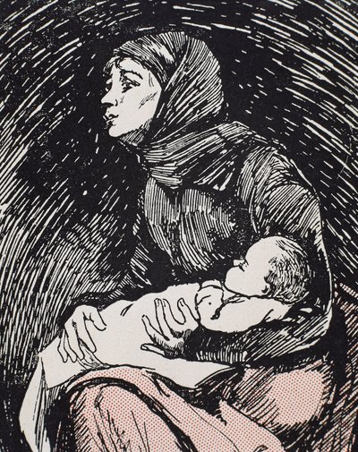 クリスマス・イブ1900.子供を抱きかかえた痩せた女性(エングレービング) 作： Ricardo Maria Navarrete