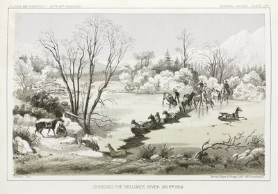 1854年1月6日、アメリカ・モンタナ州、ヘルゲート・リバーを渡る 作： John Pardon