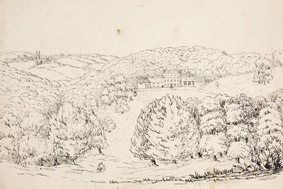 森の中の丘陵地に建つ建物の鉛筆スケッチ（南大西洋 作： John Pardon