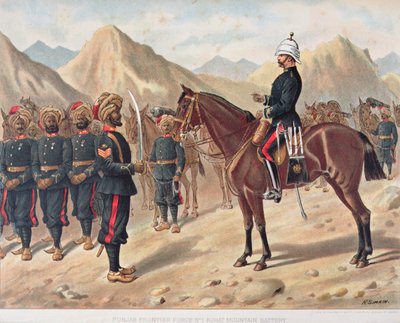 パンジャブ辺境軍第1コハット山砲台、1880年代の英国・インド軍（カラーリトグラフ版） 作： Richard (after) Simkin