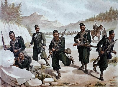 小競り合いをするガーカス第3軍、1880年代の英印軍（カラーリトグラフ） 作： Richard (after) Simkin