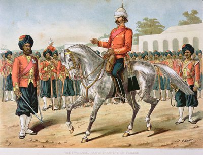 パレードする第7ベンガル歩兵、1880年代のアングロ・インディアン軍（カラーリトグラフ版 作： Richard (after) Simkin