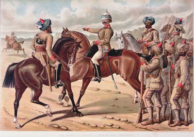 1880年代の英印軍のガイド隊（騎兵隊と歩兵隊）（カラーリトグラフ） 作： Richard (after) Simkin