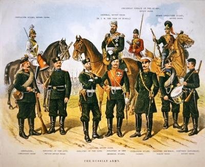 ロシア軍、1890年頃（カラーリトグラフ） 作： Richard (after) Simkin