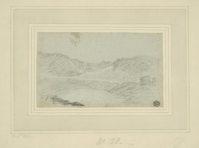 丘陵の風景（青い簀の紙に木炭、クリームの簀の紙に置いた（2層）） 作： Richard (attr.to) Wilson