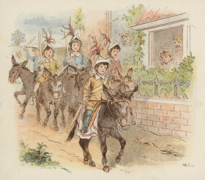 ロバに乗って戦争ごっこに出かける子供たち（カラーリトグラフ 作： Richard Andre
