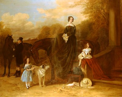 邸宅の外にハンターと犬がいる家族、1841年 作： Richard Ansdell