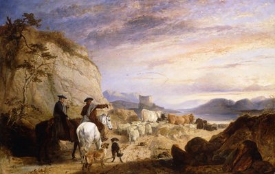 岩だらけの森の風景で羊と牛を駆り立てるハイランドの大陸軍と犬、1846年 作： Richard Ansdell