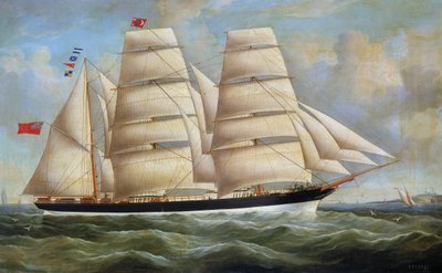 1866年にグラスゴー（スコットランド）で建造された、帆を張った帆船「ミネロ」。キャンバスに油彩、リチャード・B・スペンサー作（？） 作： Richard B. Spencer