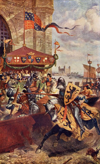 1390年にデビッドデリンゼイとロードジョンデウェルズの間のロンドンブリッジにある厳粛なジュスト、ARホープモンクリエフによる「ロマンスと騎士道の伝説」のイラスト 作： Richard Beavis