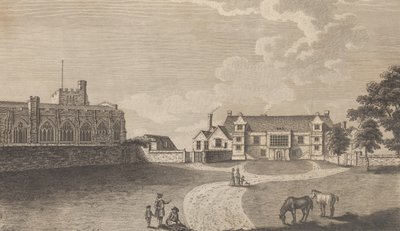 メードストーンの古代大司教宮殿、エドワード・ヘイステッドの『歴史とトポ…』、1782年より。 作： Richard Bernard Godfrey