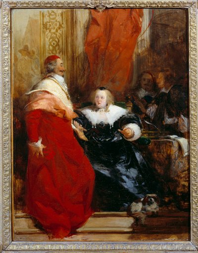 フランス女王 アンヌ・ドートリッシュ（1601-1666）と枢機卿 ジュール・マザラン（ジュリオ・ライモンド・マザリーノまたはマザリーノ）（1602-1661） リチャード・ボニントン（1801-1828）による絵画 1824年 日。0,35x0,27 m 作： Richard Bonington