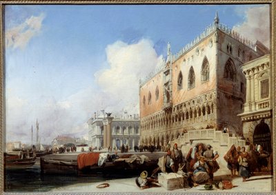 ヴェネツィアの眺め、スキアヴォーニの岸辺とドージェの宮殿 リチャード・ボニントン（1801-1828）による絵画 1827年 日0.41 x 0.54 m 作： Richard Bonington