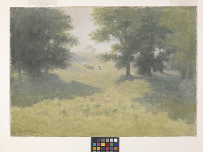 牛と丘の中腹のある風景（白い紙に水彩） 作： Richard Buckner Gruelle