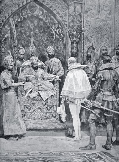 1599年、エリザベス女王の大使を受け取るアクバル大帝（リトグラフ 作： Richard Caton (after) Woodville