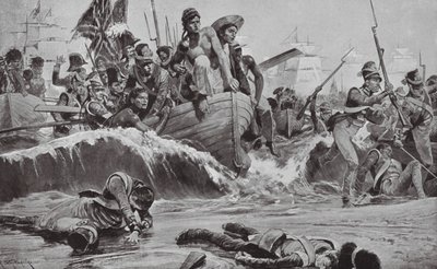 フランス軍の砲台を前に、アブーキール湾への上陸を強行するイギリス軍（リトグラフ） 作： Richard Caton II (after) Woodville