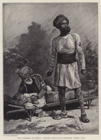 The dangers of mercy, Indian Ambulance Bearers under fire (litho) 作： Richard Caton II (after) Woodville