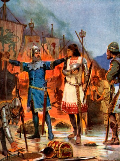 フィッツ-スティーブンは彼のボートを燃やします、1169 AD、c1920 作： Richard Caton II Woodville