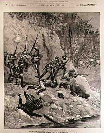 Burmah Expedition：Fight with Dacoits、1月12日、ショアイグリーン付近、The Illustrated London News、1886年3月13日 作： Richard Caton II Woodville