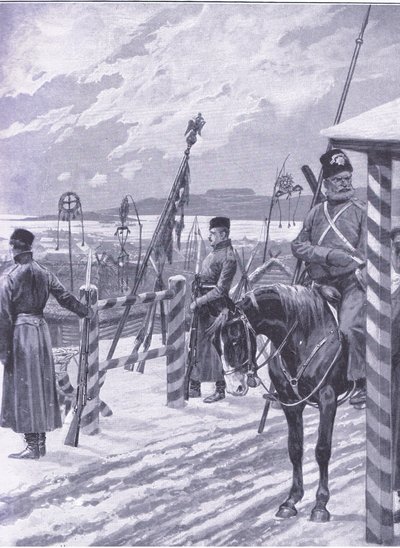 満州のコサックステーション。男性の小屋に部族のサインが描かれています。イラストは日露戦争1巻、1900年のカッセルの歴史からのイラストです。 作： Richard Caton Woodville
